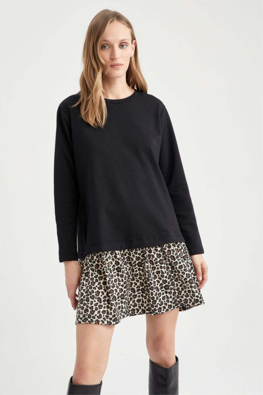 Woman Vison Patterned Flounce Skirt Detail Sweat Dress