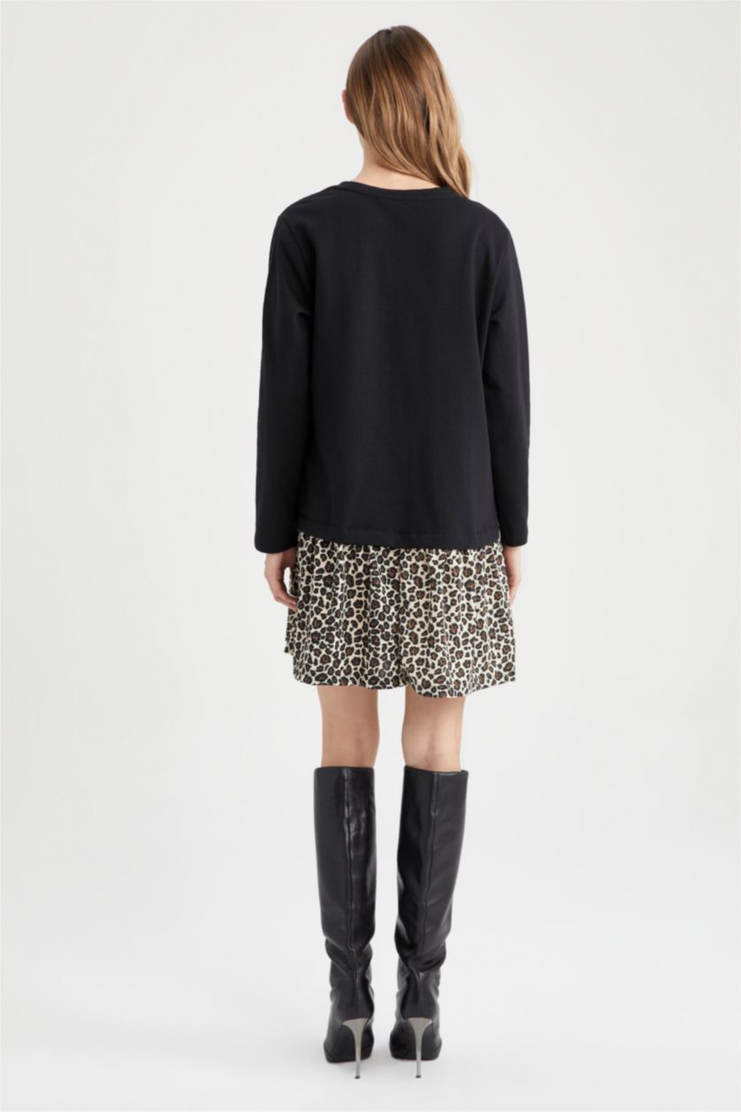 Woman Vison Patterned Flounce Skirt Detail Sweat Dress