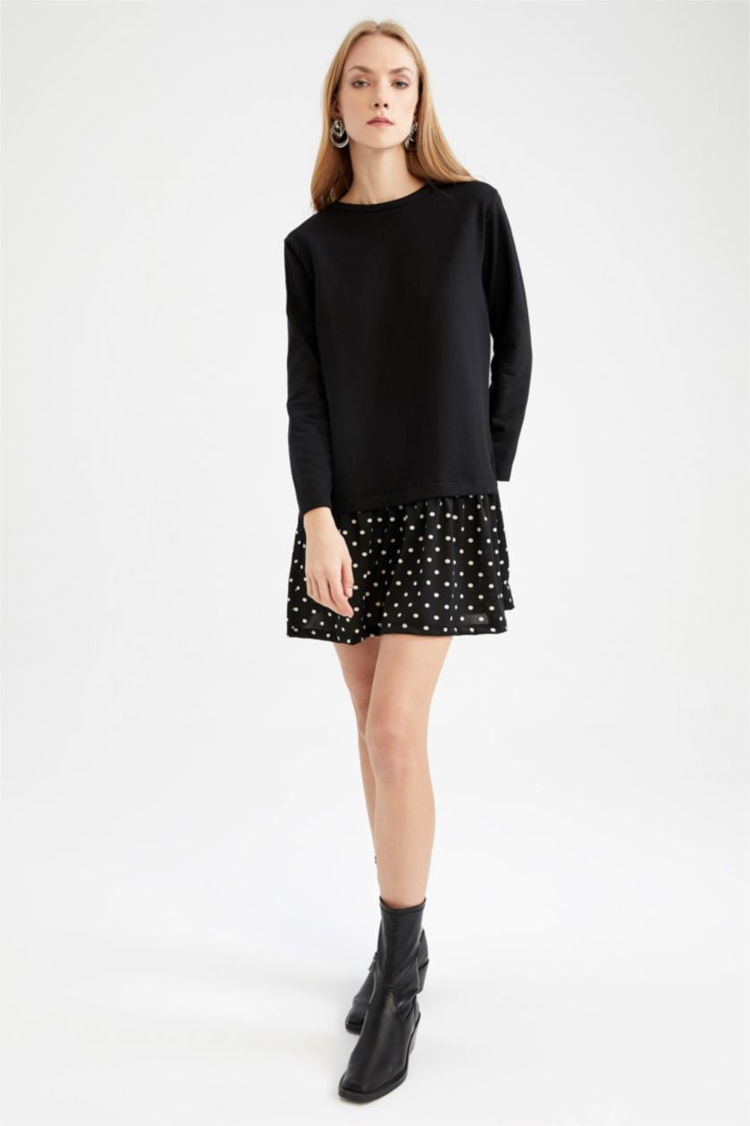 WOMAN Siyah Patterned Ruffle Skirt Detailed Sweat Dress