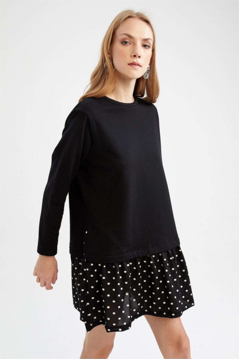 WOMAN Siyah Patterned Ruffle Skirt Detailed Sweat Dress