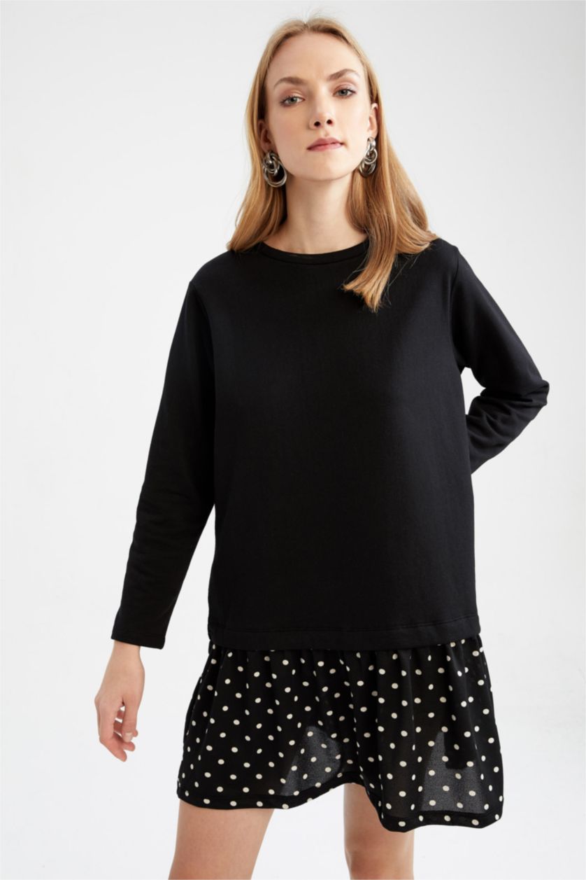 WOMAN Siyah Patterned Ruffle Skirt Detailed Sweat Dress