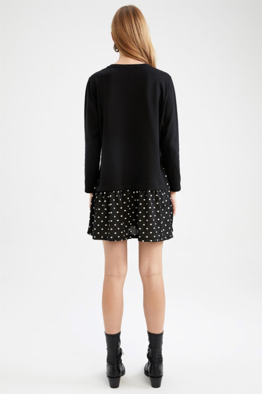 WOMAN Siyah Patterned Ruffle Skirt Detailed Sweat Dress