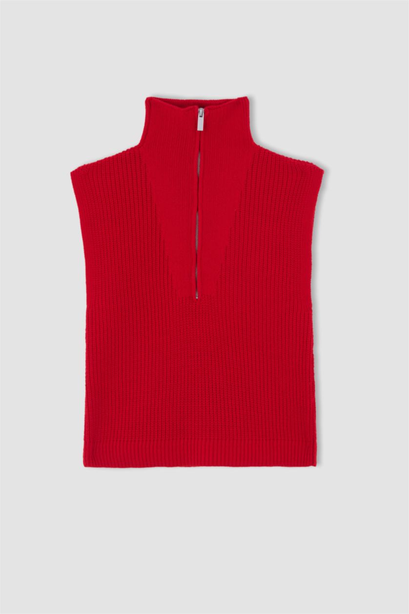Woman Red Regular Fit Zip-Up Turtle Neck Thessaloniki Fabric Vest