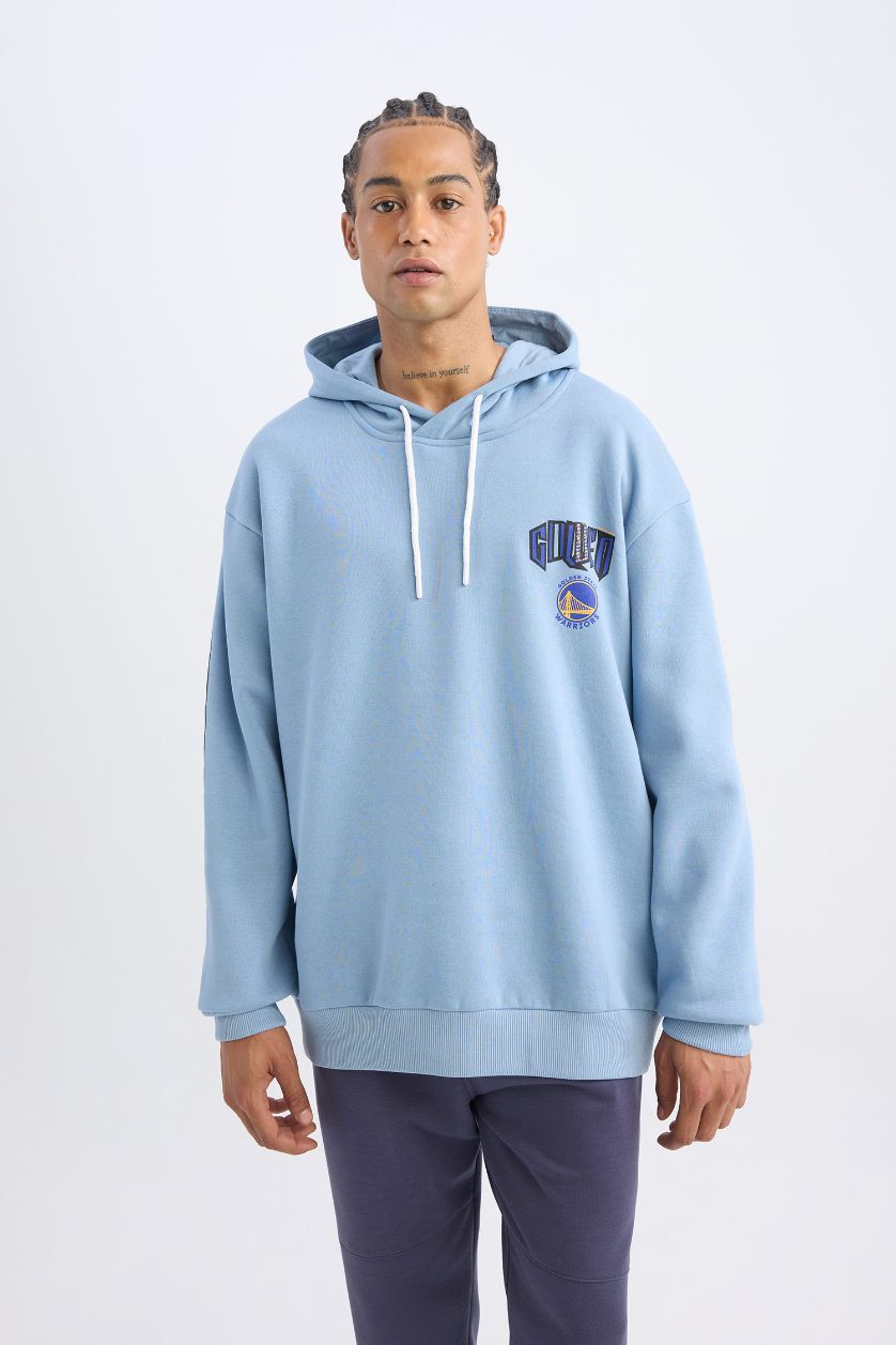 Erkek Mavi NBA Golden State Warriors Oversize Geniş Kalıp Sırt Baskılı Kapüşonlu Sweatshirt