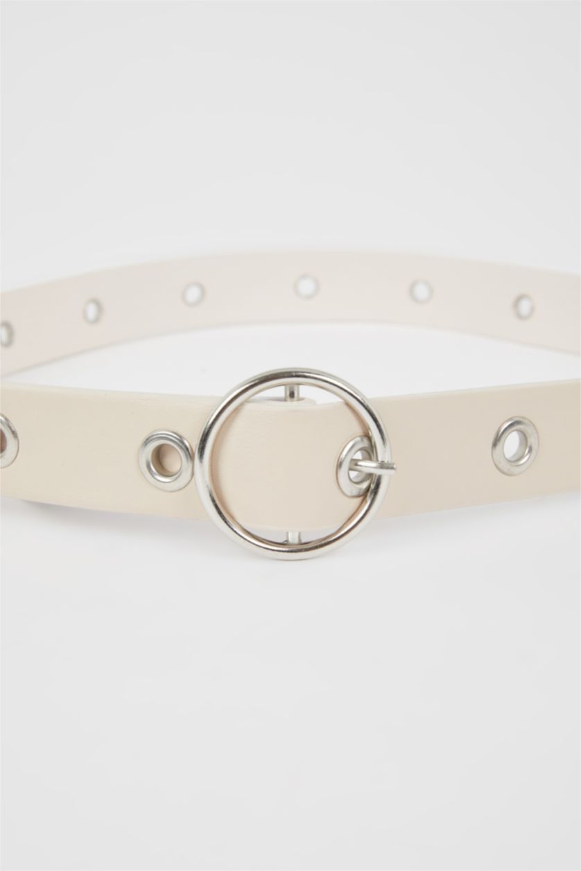 Woman Ecru Women's Faux Leather Round Buckle Belt