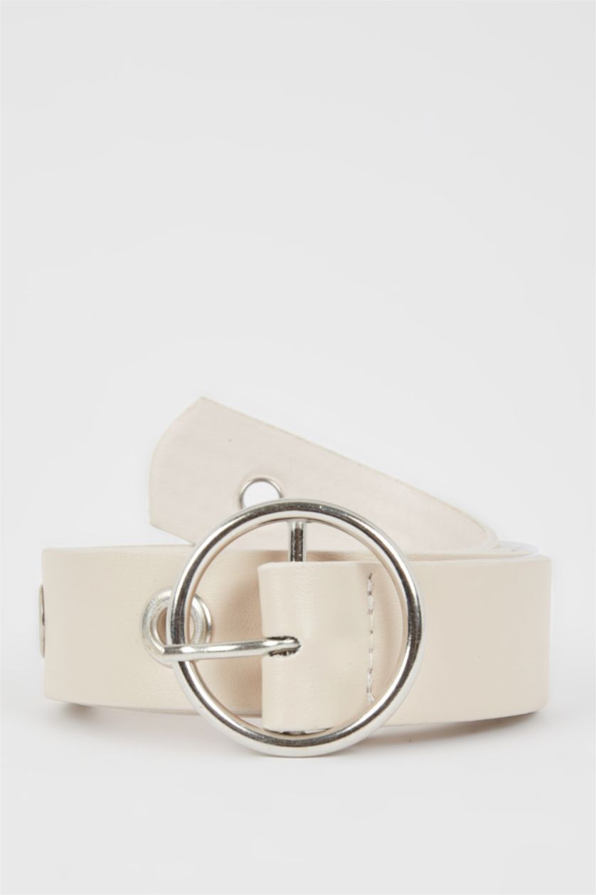 Woman Ecru Women's Faux Leather Round Buckle Belt