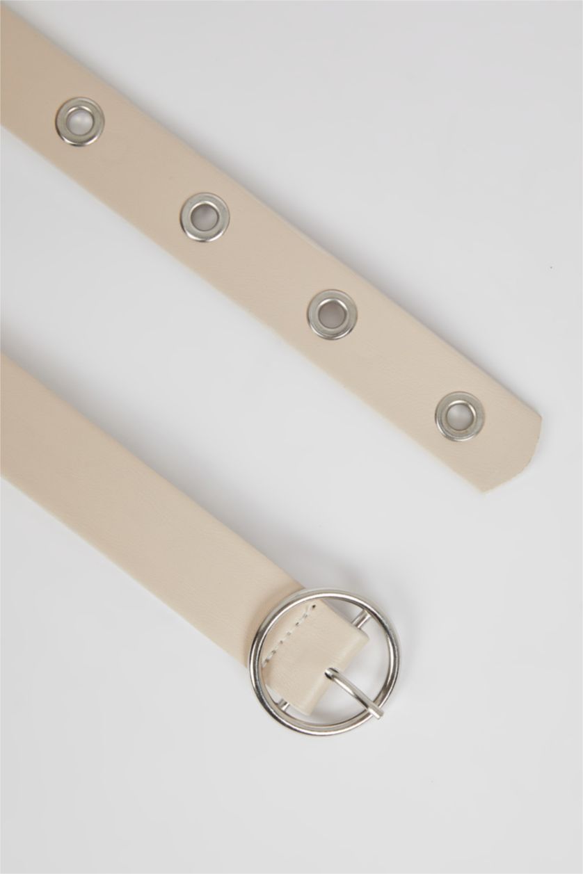 Woman Ecru Women's Faux Leather Round Buckle Belt