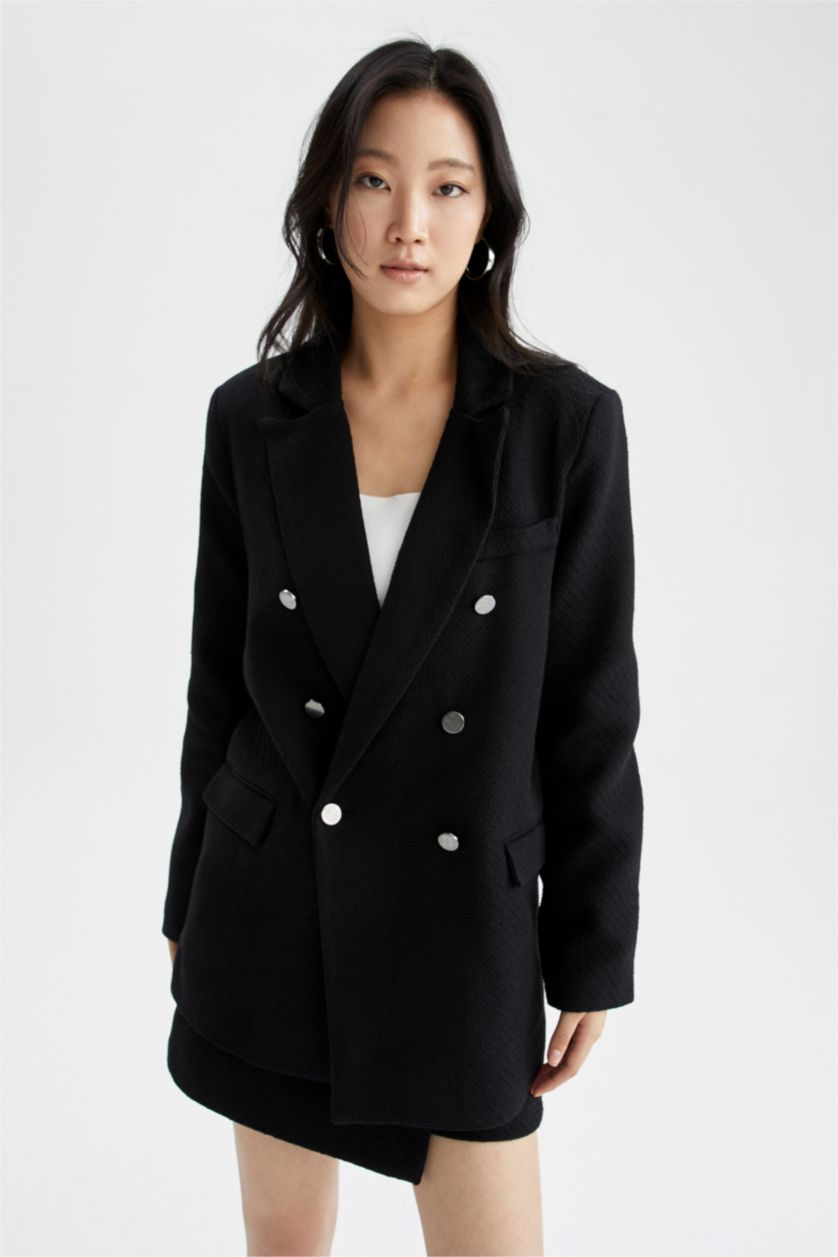 Kadın Siyah Oversıze Tweed Blazer Ceket