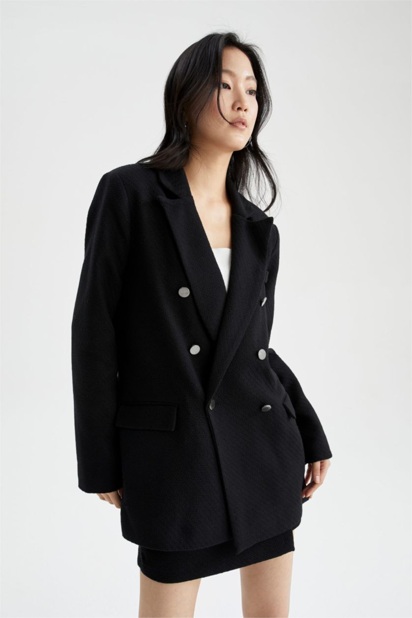 Kadın Siyah Oversıze Tweed Blazer Ceket