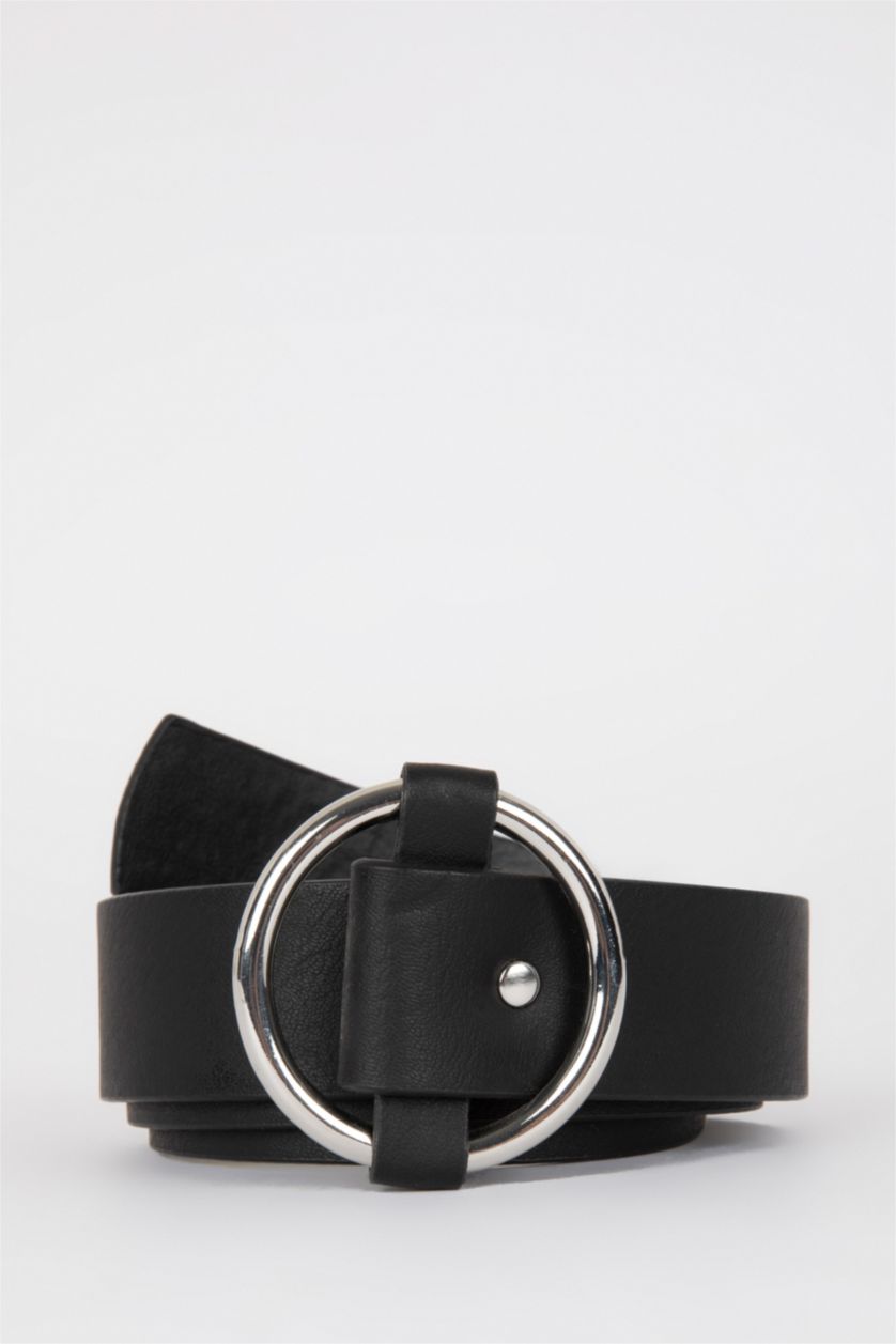 FEMME Noir Ceinture en similicuir à boucle ovale pour femme
