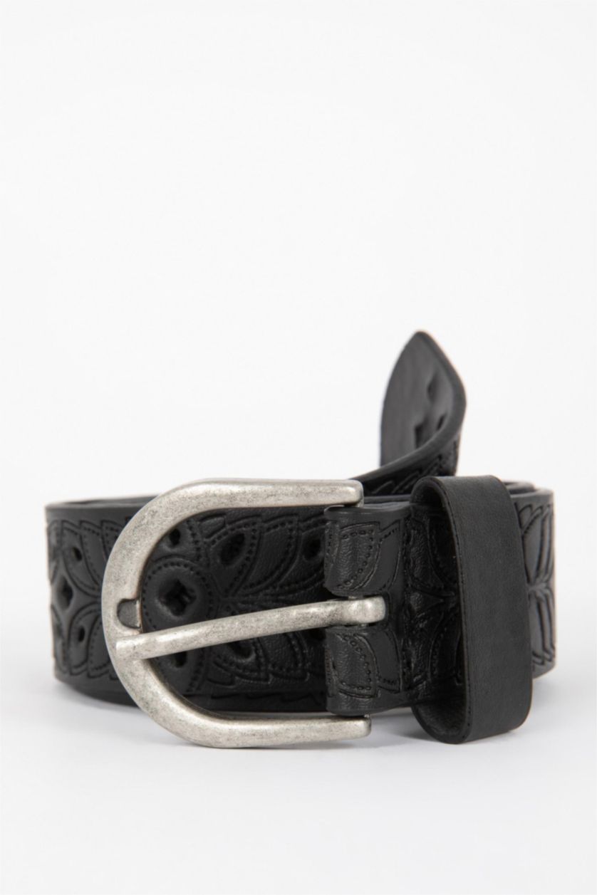 WOMAN Black Women's Rectangle Buckle Faux Leather Belt