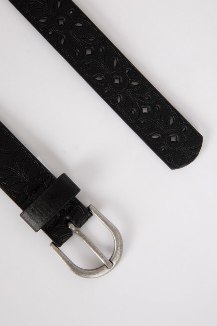 WOMAN Black Women's Rectangle Buckle Faux Leather Belt
