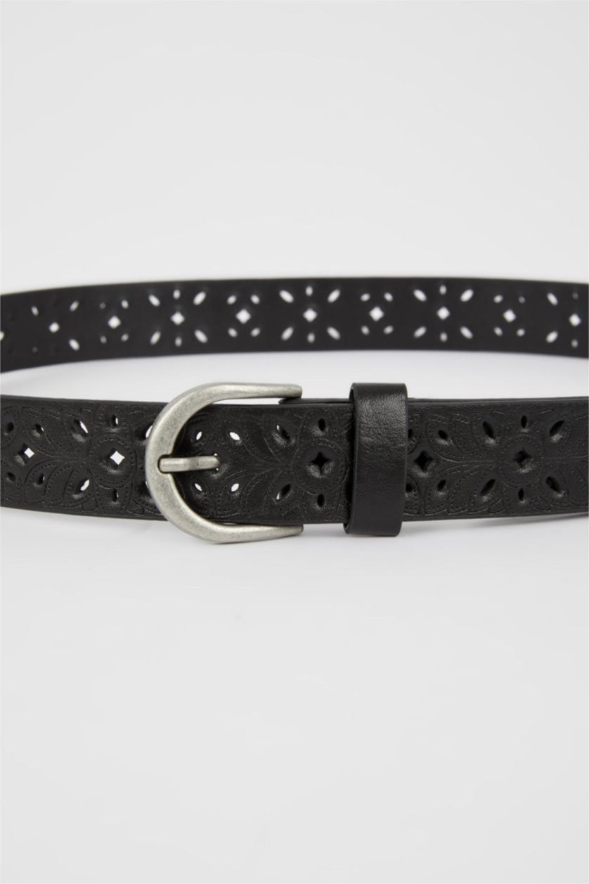 WOMAN Black Women's Rectangle Buckle Faux Leather Belt