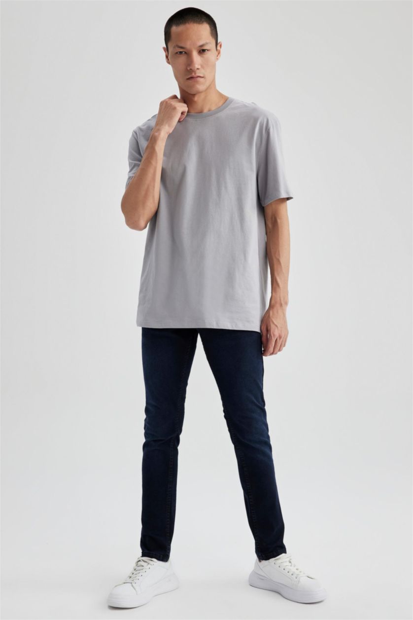 Erkek Gri %100 Pamuk New Regular Fit Bisiklet Yaka Basic Düz Kısa Kollu Tişört