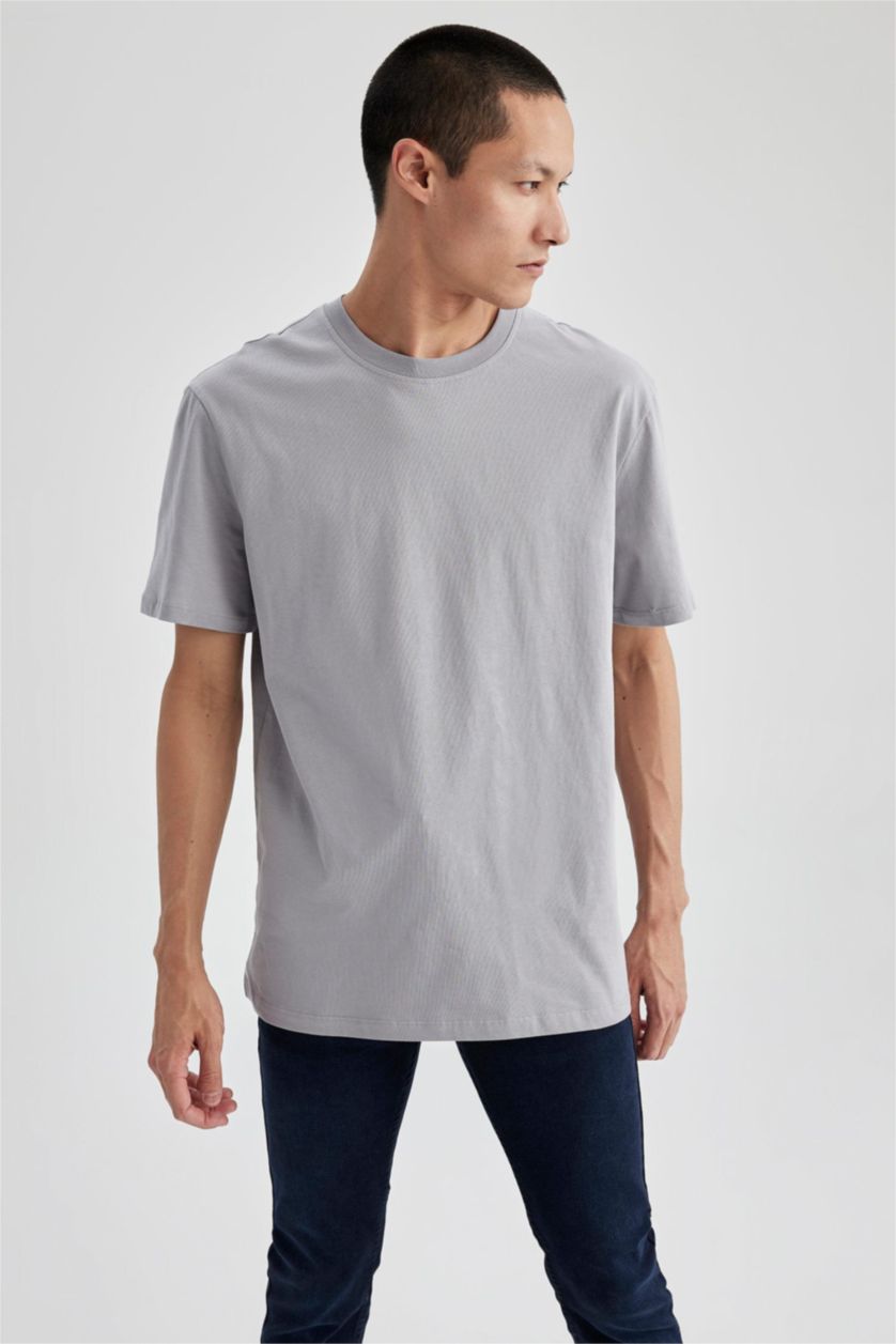 Erkek Gri %100 Pamuk New Regular Fit Bisiklet Yaka Basic Düz Kısa Kollu Tişört