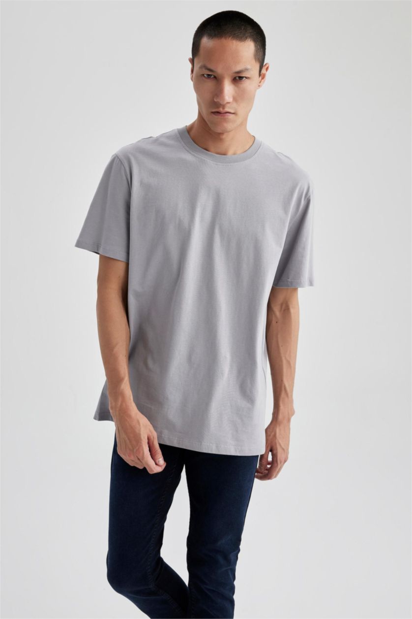 Erkek Gri %100 Pamuk New Regular Fit Bisiklet Yaka Basic Düz Kısa Kollu Tişört