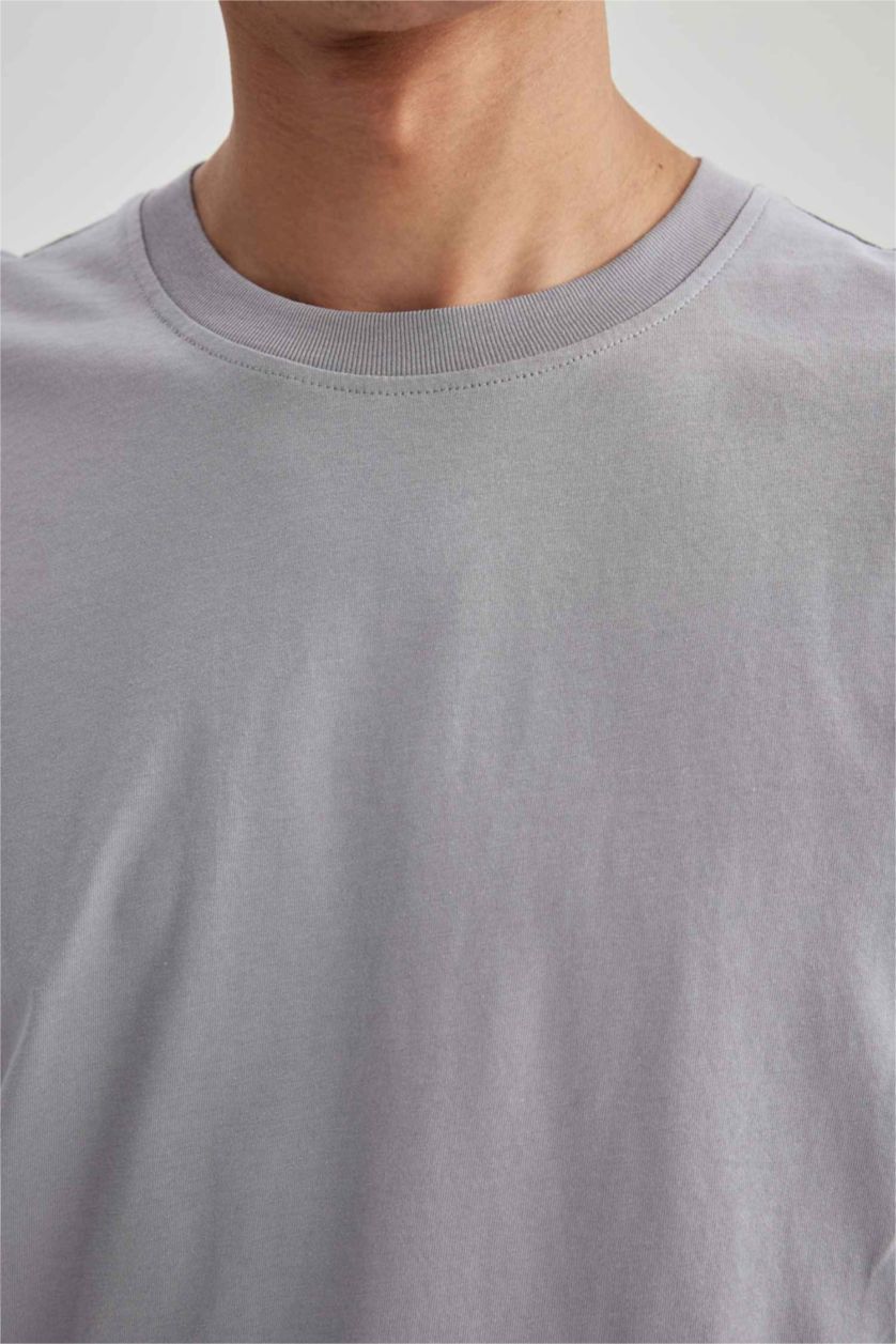 Erkek Gri %100 Pamuk New Regular Fit Bisiklet Yaka Basic Düz Kısa Kollu Tişört