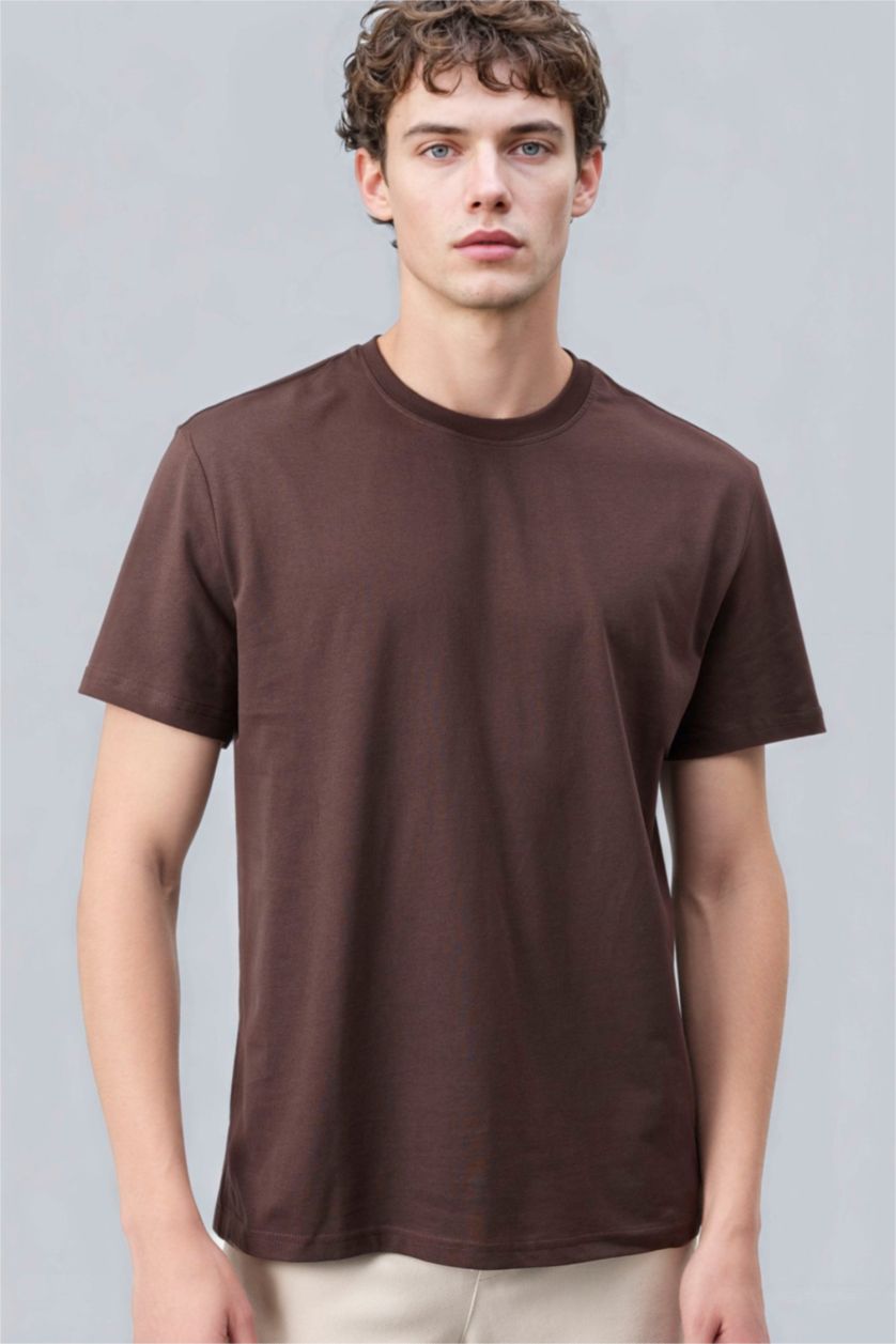رجال بني تيشيرت عادي من قطن قصة عادية برقبة مستديرة