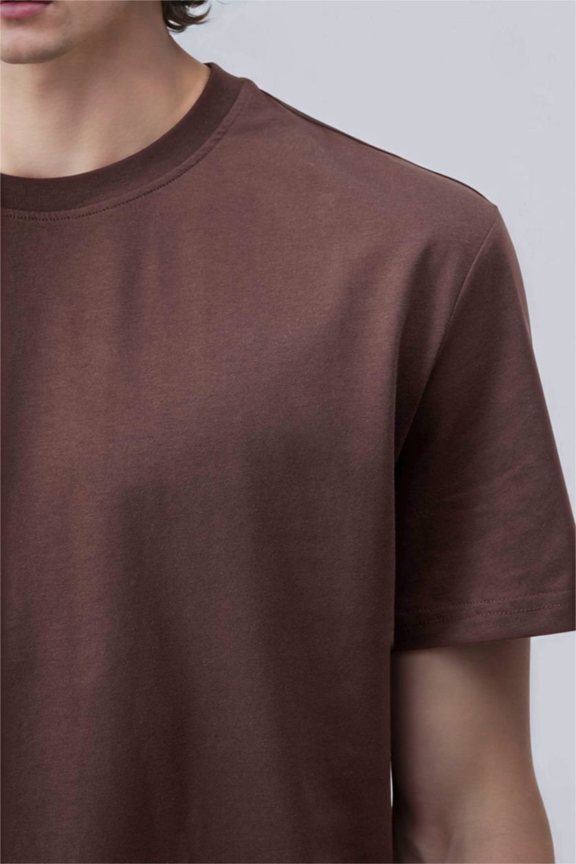 رجال بني تيشيرت عادي من قطن قصة عادية برقبة مستديرة