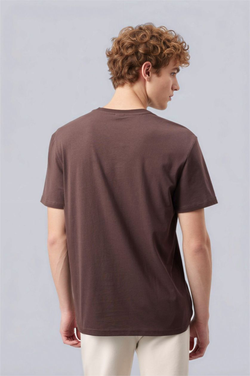 رجال بني تيشيرت عادي من قطن قصة عادية برقبة مستديرة