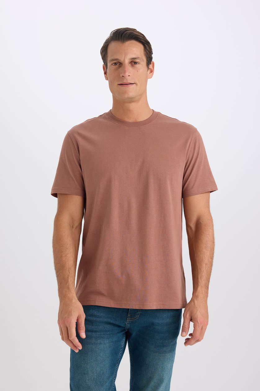 HOMME Marron Clair T-shirt basique 100% coton à col rond et coupe régulière