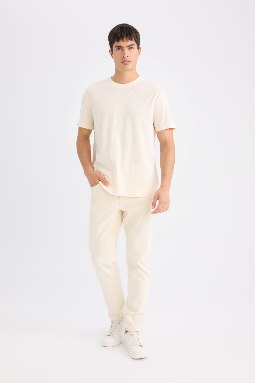 رجال بيج فاتح تيشيرت نص ردن سادة قصة عادية بياخة مستديرة