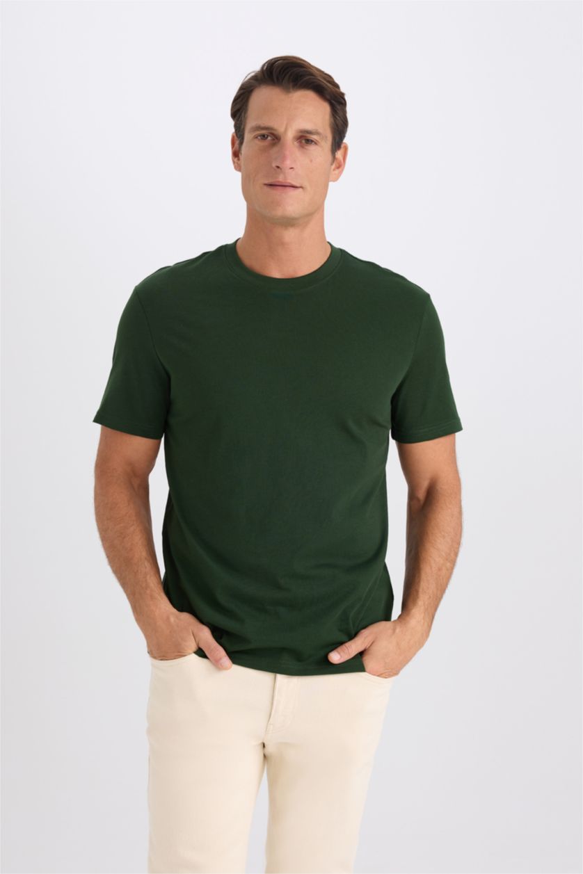 Man Dark Green New Regular Fit Crew Neck Basic Short Sleeve T-Shirt