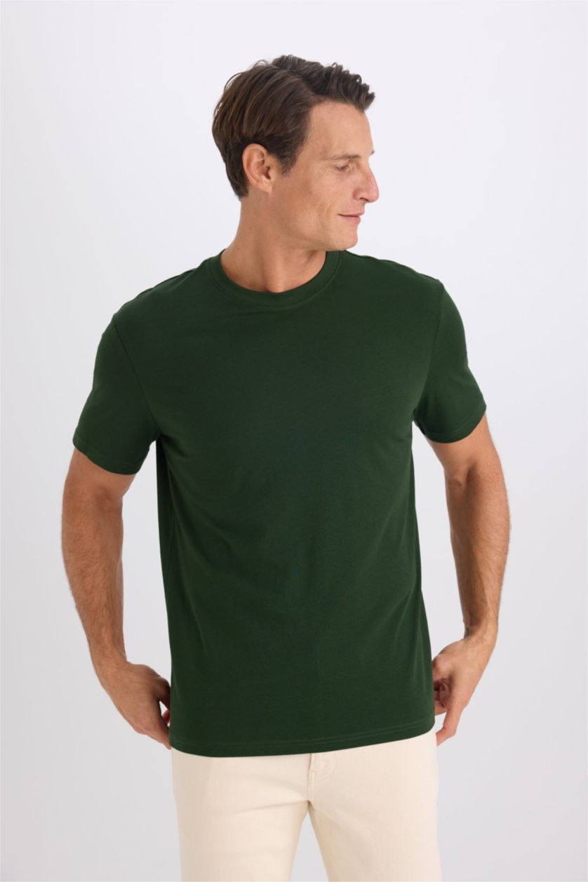 Man Dark Green New Regular Fit Crew Neck Basic Short Sleeve T-Shirt