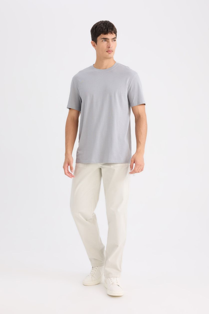 Erkek Gri %100 Pamuk New Regular Fit Bisiklet Yaka Basic Düz Kısa Kollu Tişört