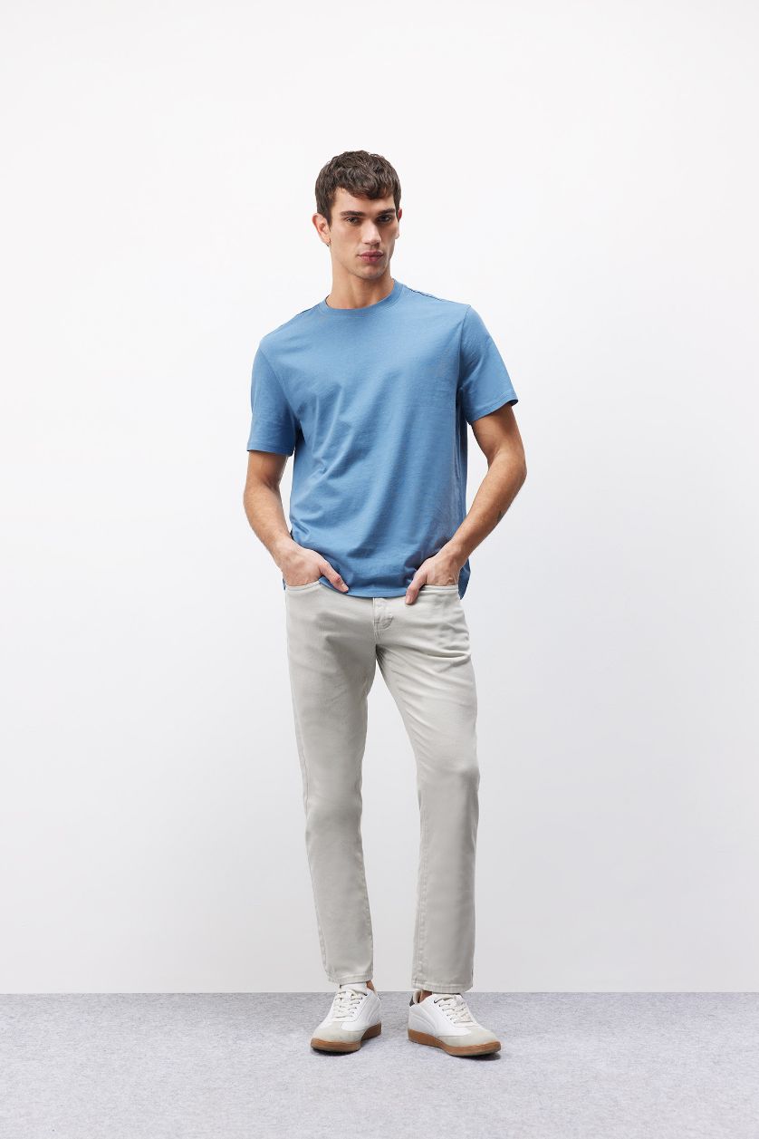 رجالي نيلي تيشيرت قطن بيزك سادة قصة عادية برقبة مستديرة