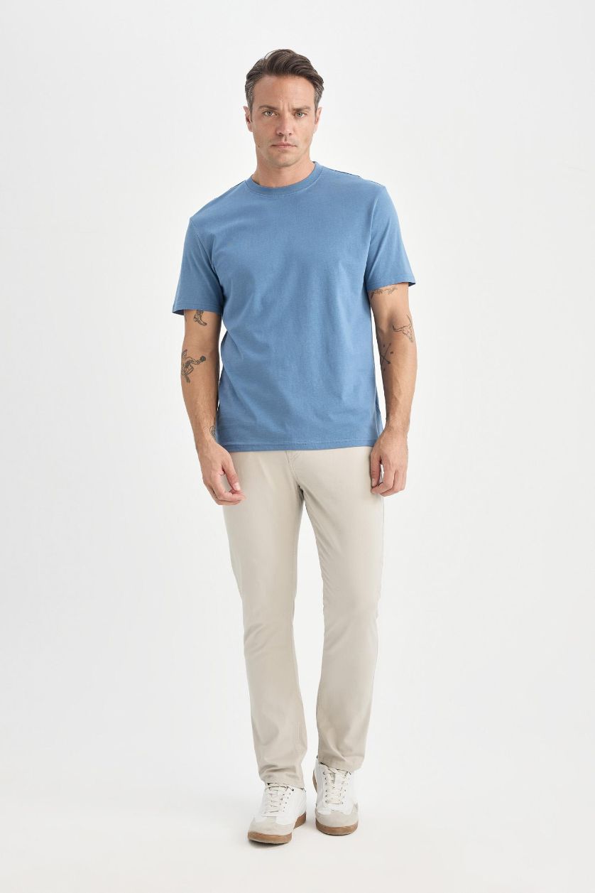 رجالي نيلي تيشيرت قطن بيزك سادة قصة عادية برقبة مستديرة