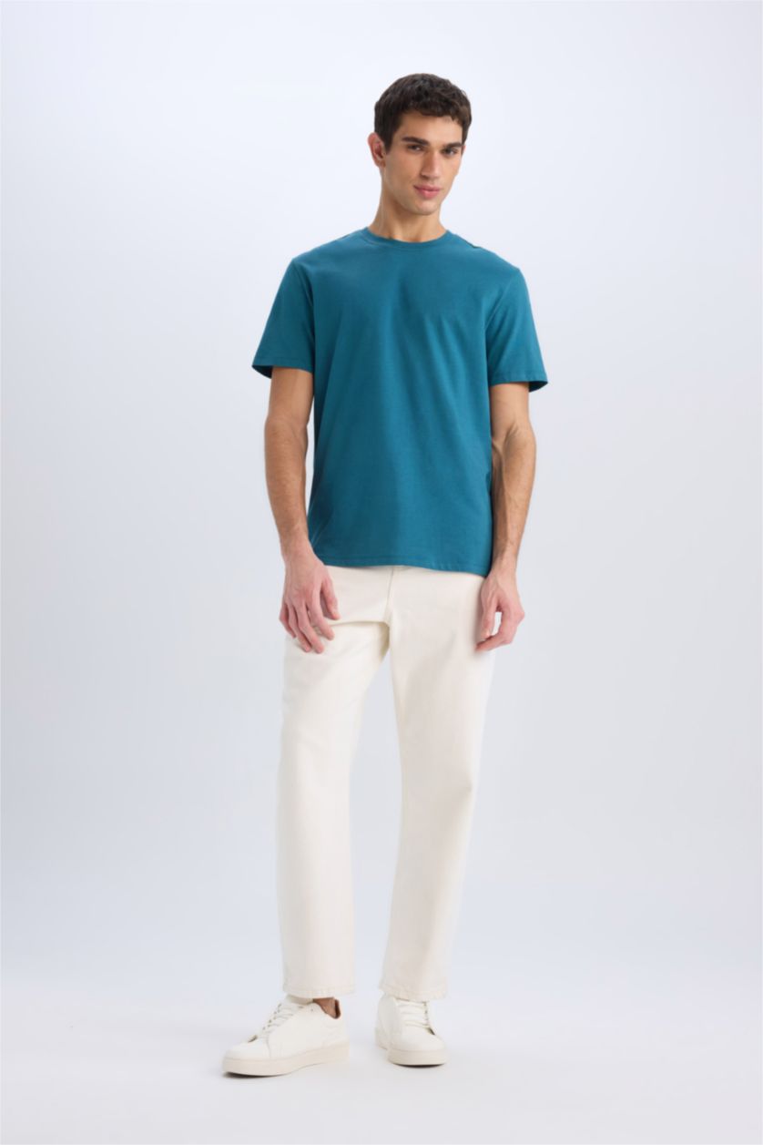 رجال نيلي فاتح تيشيرت نص ردن سادة قصة عادية بياخة مستديرة