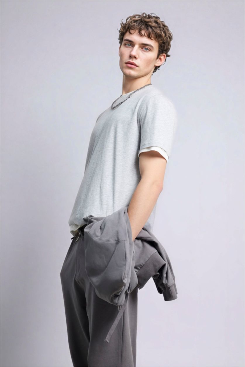 Erkek Gri Melanj %100 Pamuk Basic Tişört