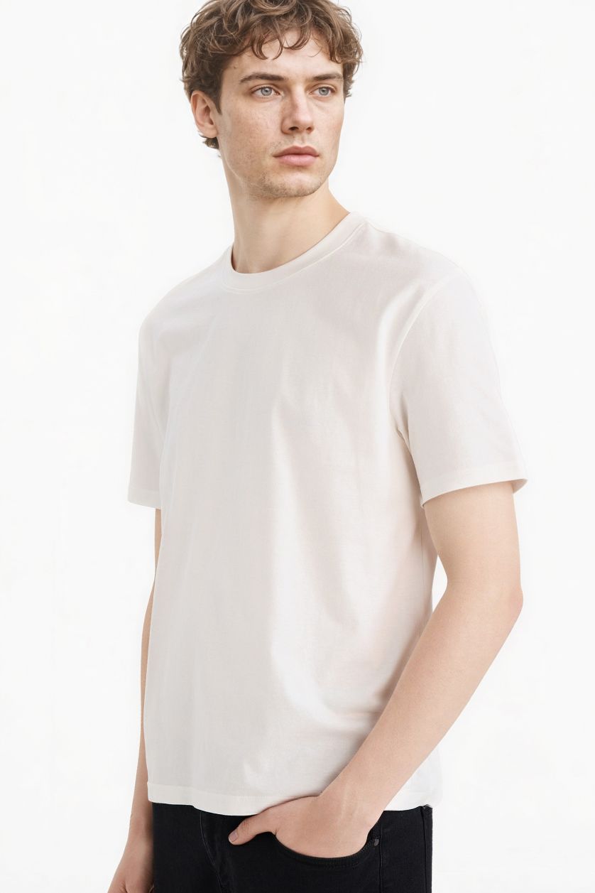 Erkek Kırık Beyaz %100 Pamuk Basic Tişört