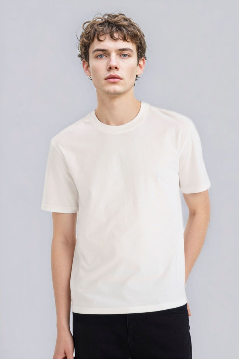 Erkek Kırık Beyaz %100 Pamuk Basic Tişört
