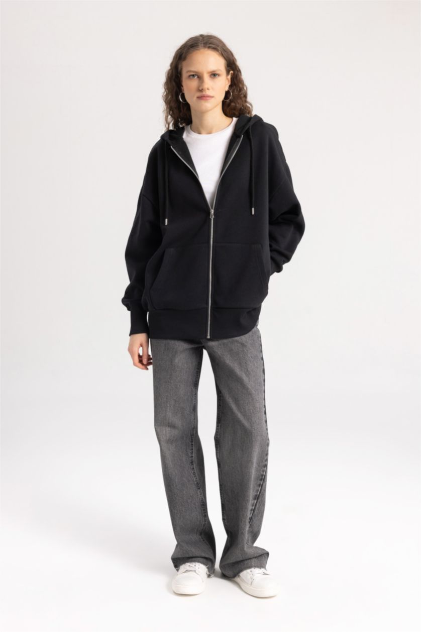 نساء أسود جاكيت قماش سميك اوفر سايز بغطاء للرأس