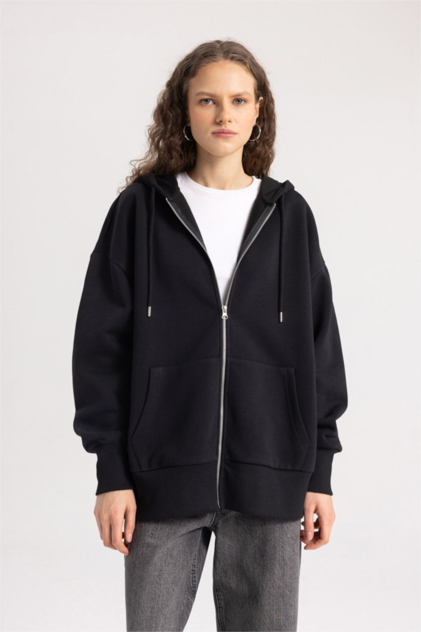 نساء أسود جاكيت قماش سميك اوفر سايز بغطاء للرأس