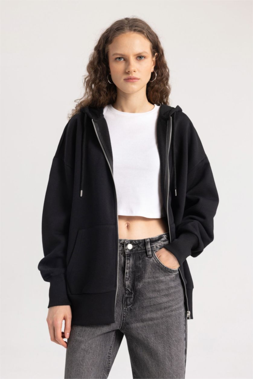 نساء أسود جاكيت قماش سميك اوفر سايز بغطاء للرأس