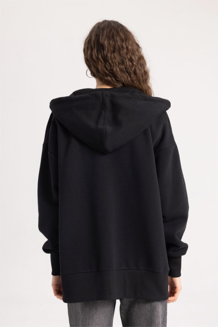 نساء أسود جاكيت قماش سميك اوفر سايز بغطاء للرأس