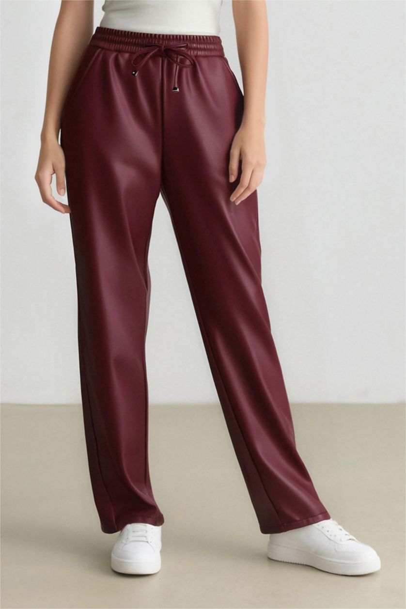 Kadın Bordo Jogger Cepli Yüksek Bel Standart Paça Suni Deri Pantolon