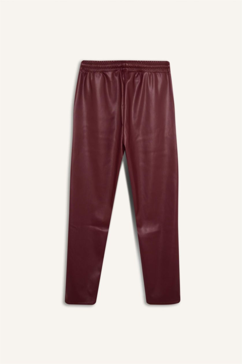 Kadın Bordo Jogger Cepli Yüksek Bel Standart Paça Suni Deri Pantolon