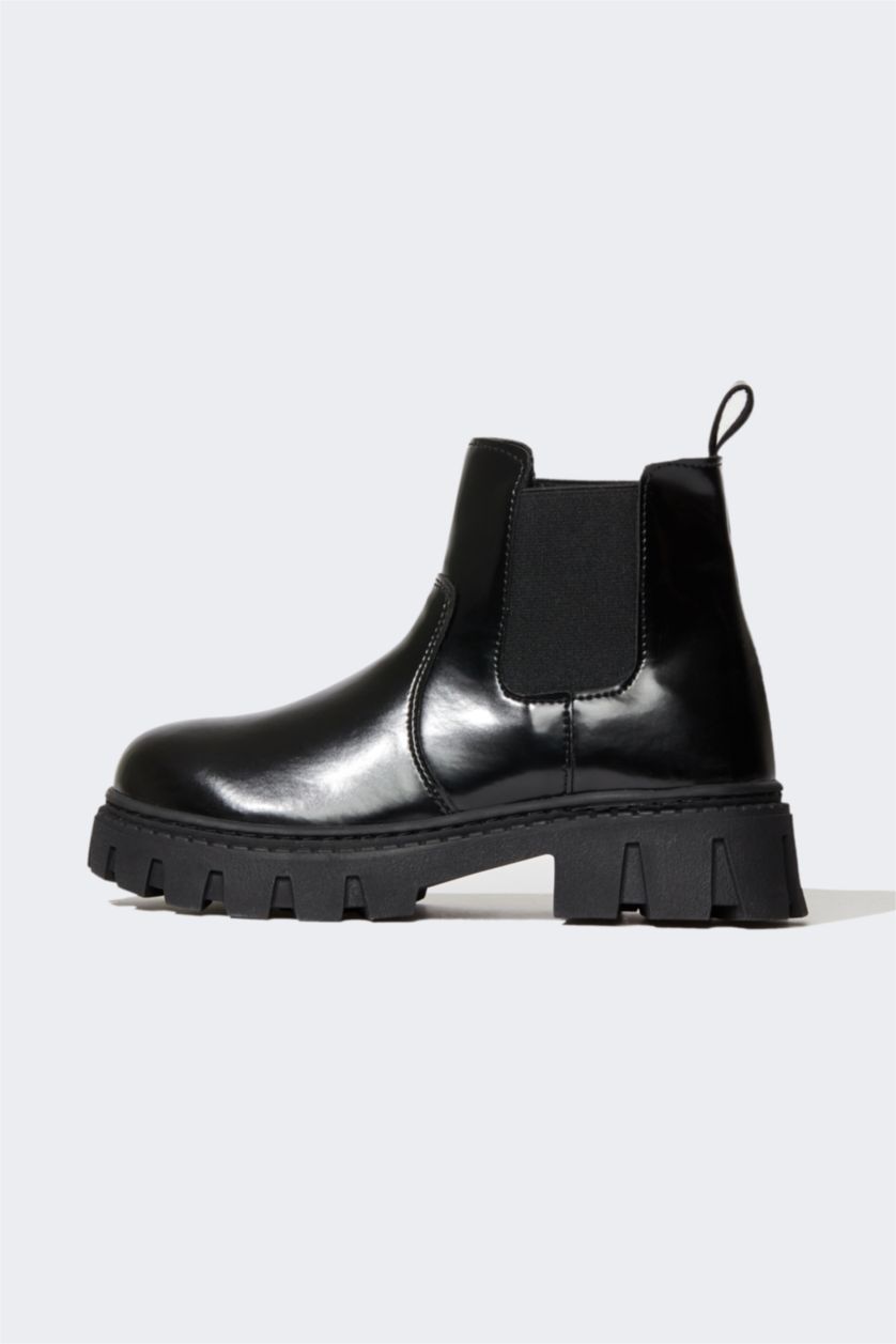 بناتي أسود بوت بناتي جلد صناعي بكعب مسطح برباط وسحاب