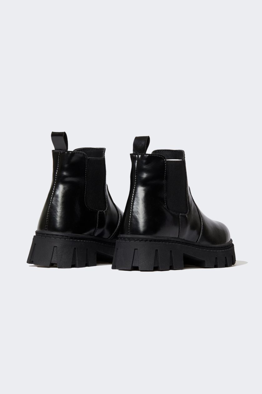 بناتي أسود بوت بناتي جلد صناعي بكعب مسطح برباط وسحاب