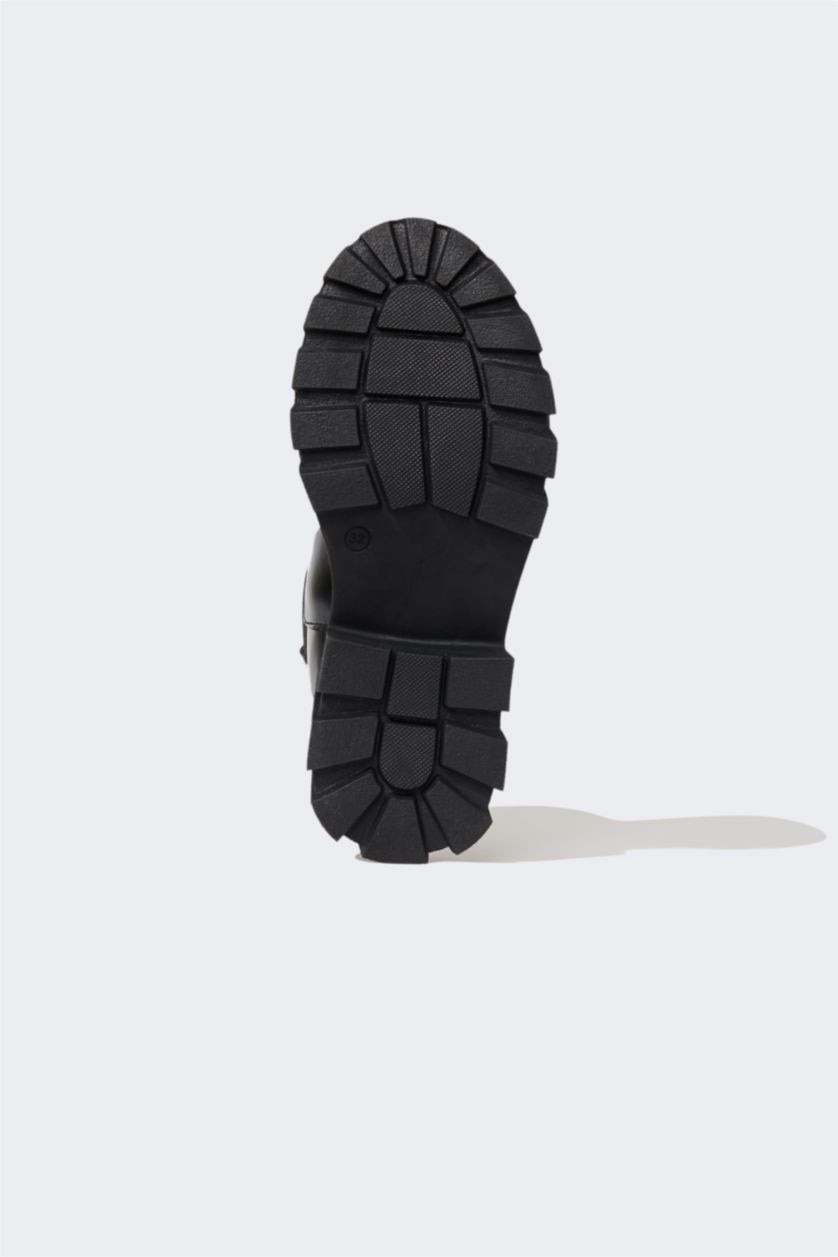 بناتي أسود بوت بناتي جلد صناعي بكعب مسطح برباط وسحاب