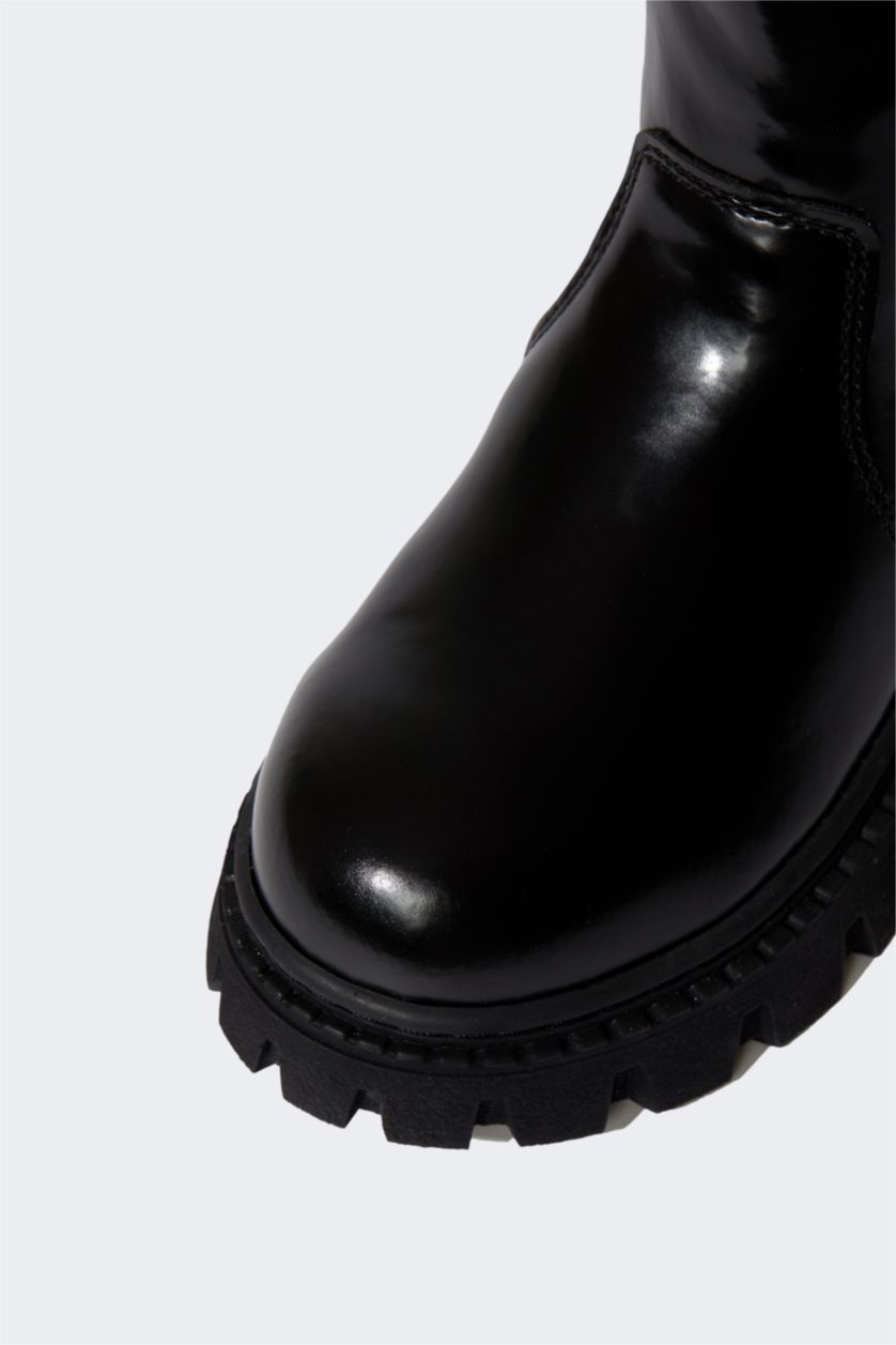 بناتي أسود بوت بناتي جلد صناعي بكعب مسطح برباط وسحاب