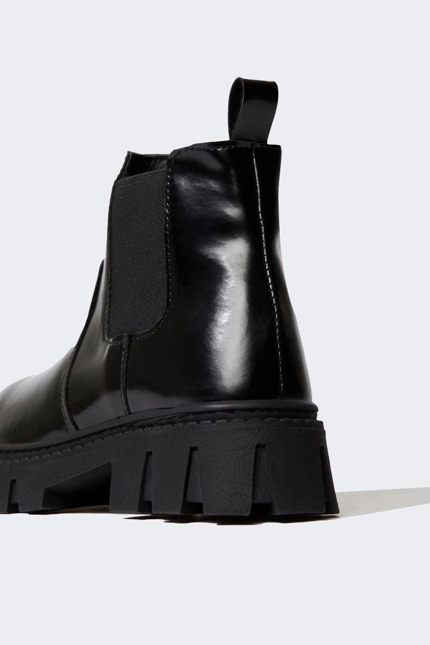 بناتي أسود بوت بناتي جلد صناعي بكعب مسطح برباط وسحاب