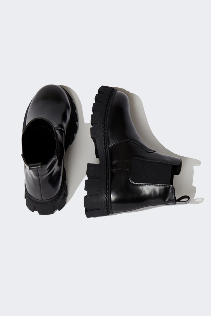 بناتي أسود بوت بناتي جلد صناعي بكعب مسطح برباط وسحاب