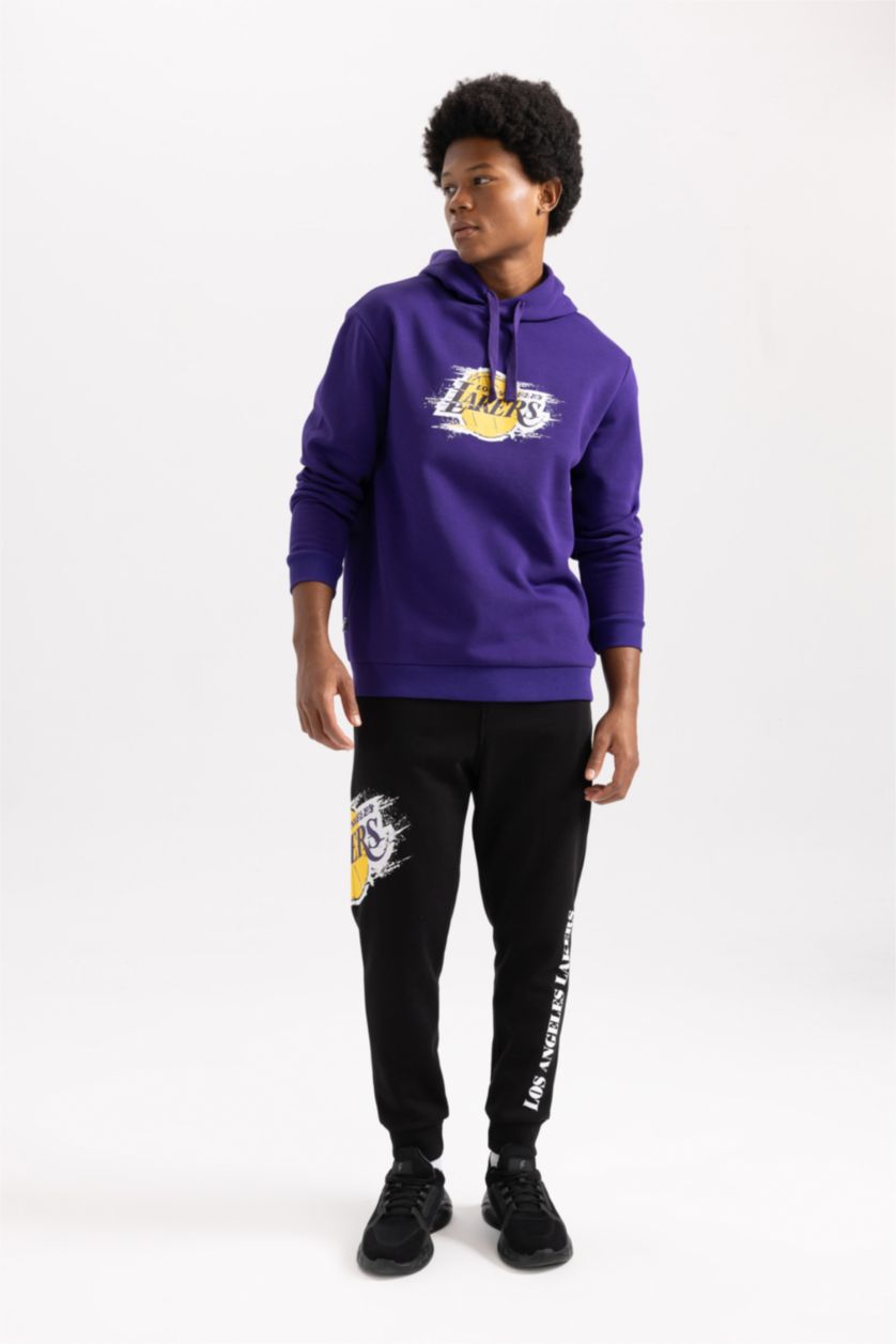 Erkek Siyah DeFactoFit NBA Los Angeles Lakers Jogger Eşofman Altı Regular Fit Cepli Beli Bağcıklı Lastikli Paça