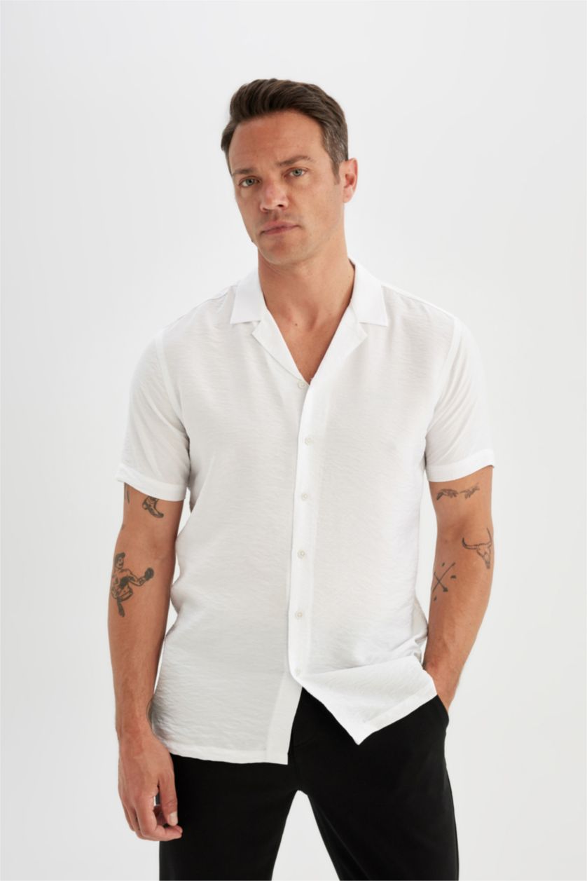 Erkek Beyaz Modern Fit Yazlık Polo Yaka Basic Düz Aerobin Kısa Kollu Beyaz Gömlek
