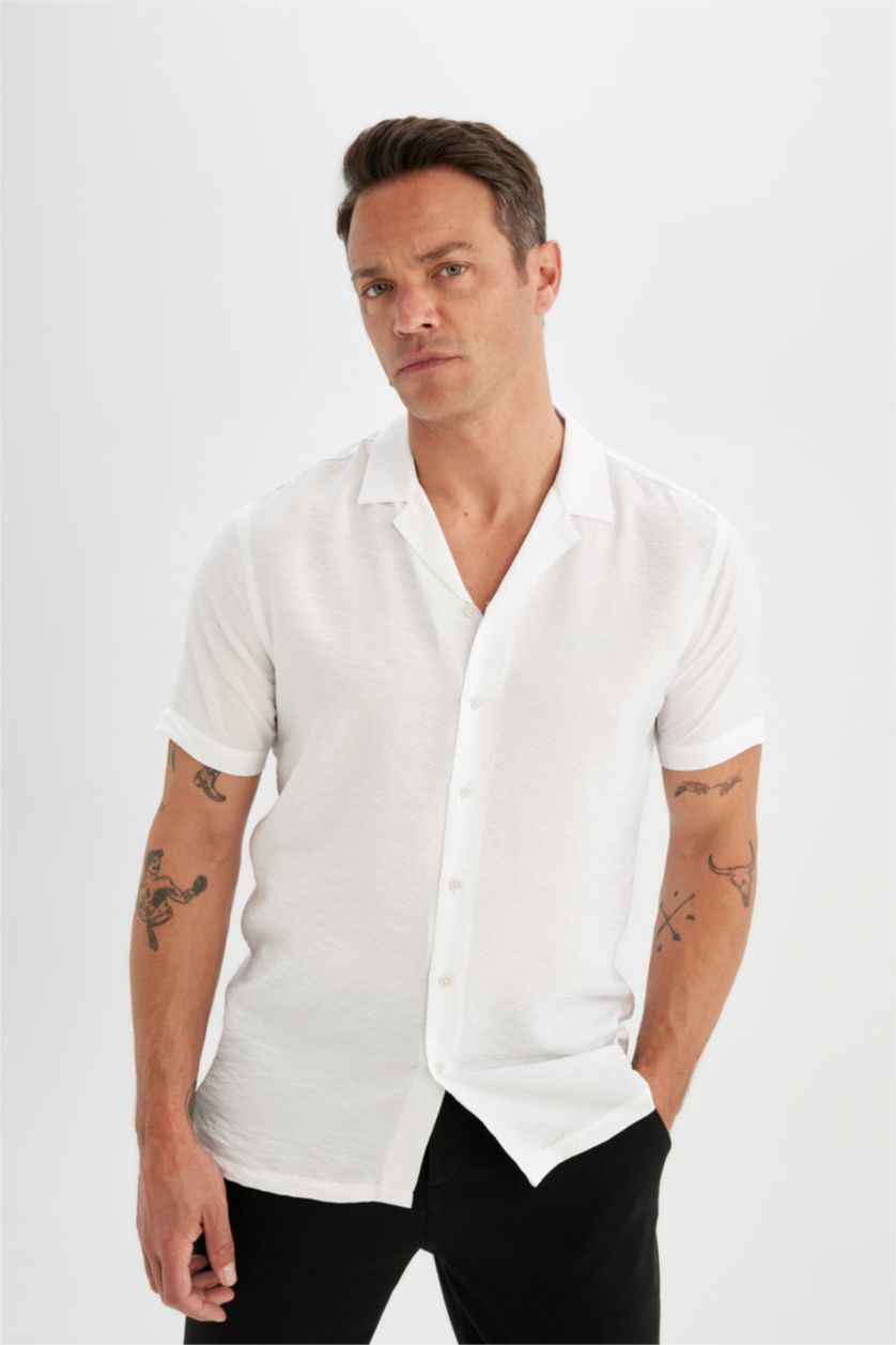 Erkek Beyaz Modern Fit Yazlık Polo Yaka Basic Düz Aerobin Kısa Kollu Beyaz Gömlek